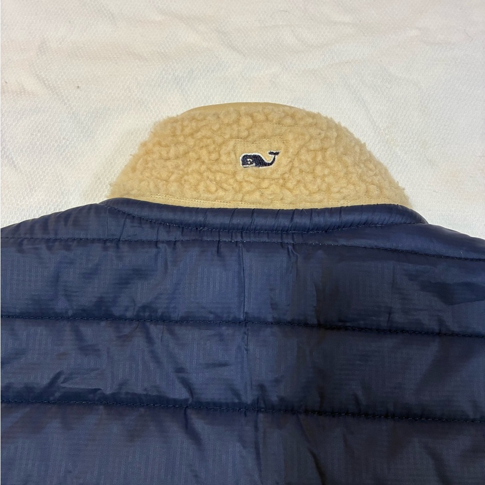 Vineyard Vines Youth L (16) Tan Sherpa Fleece Quilted Vest Navy Full Zip - Picture 4 of 8